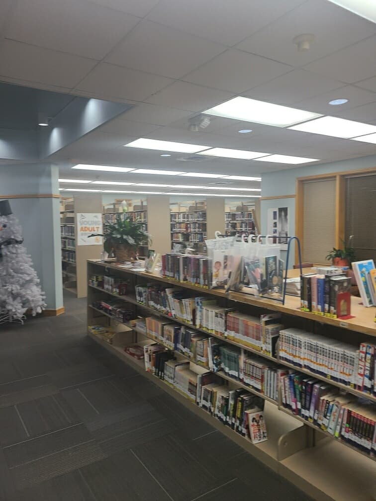 School library with bright LED ceiling lighting illuminating bookshelves and reading areas